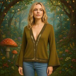 NEW Nordstrom 100% Silk Sequin Openfront Bell Sleeve Cardigan Fairy Festival M/L